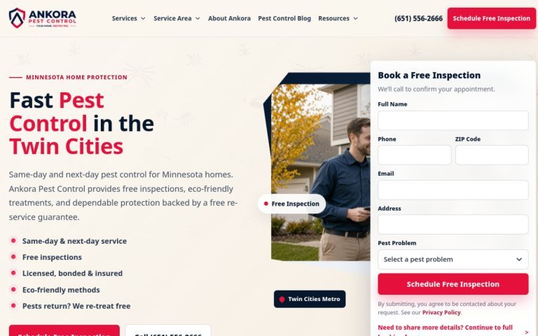 Ankora Pest Control website homepage designed and built by OveliTHub